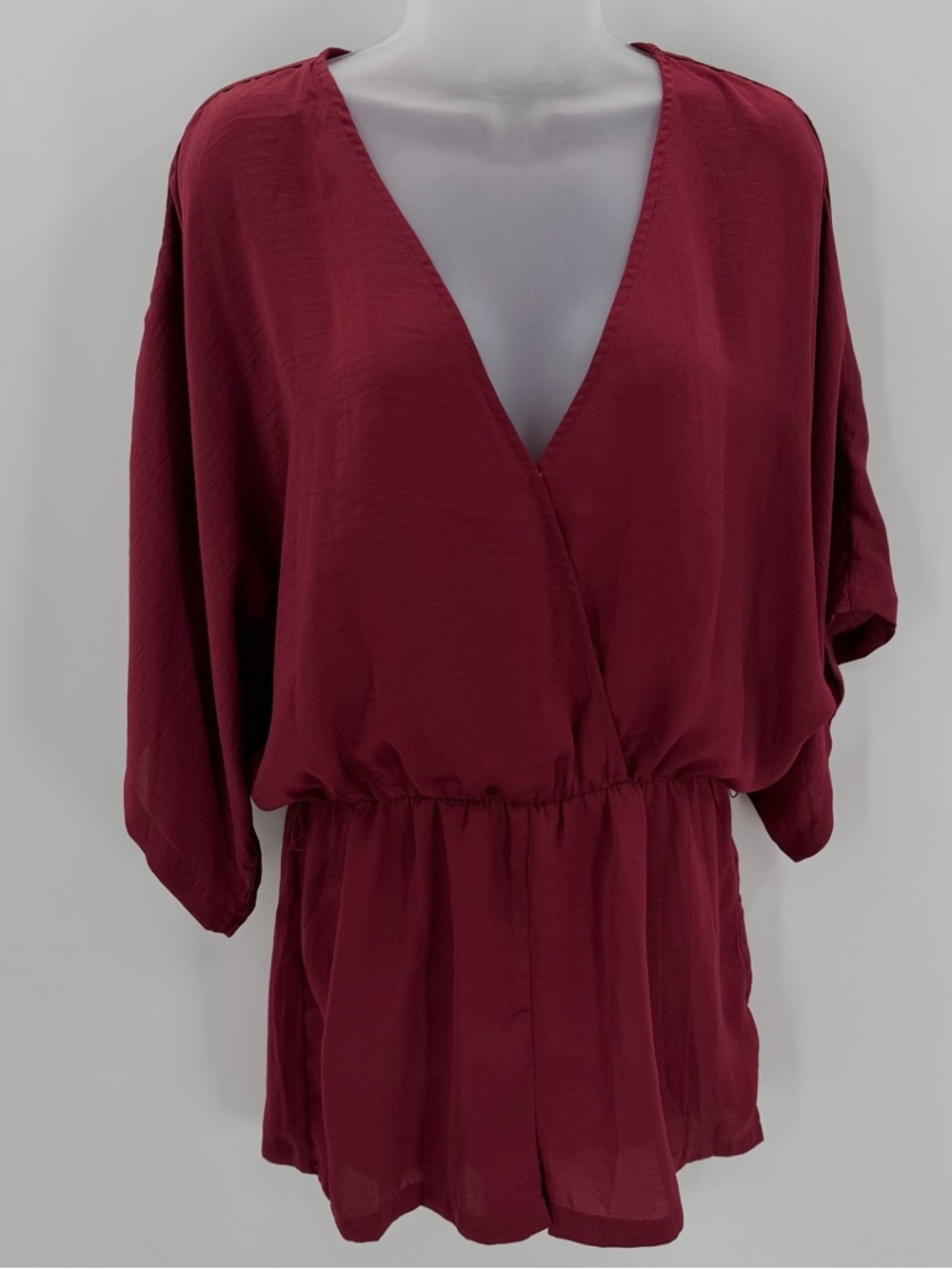 Lulu's Romper Womens M Dark Red Satin Plunge Neck Caftan Sleeves - missing belt